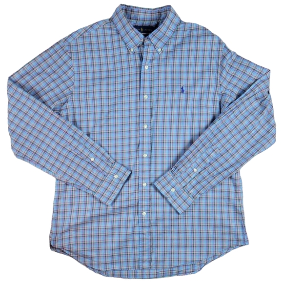 Ralph Lauren Button Down Shirt Slim Fit Light Blue Plaid Pony Logo Mens Size XL - Picture 2 of 10